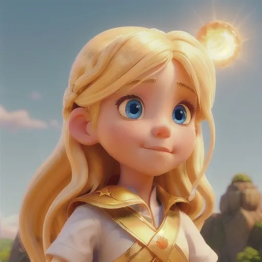 Prompt: The girl of the sun, she has long golden hair, white skin, her eyes are blue, she has a magic collar on her head, she holds in her hand a legendary spear of the sun, fantasy, magic,