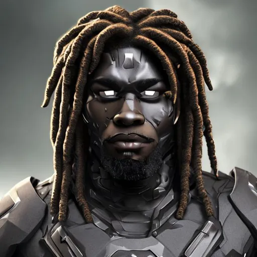 Prompt: A dark skin man super hero made out of silicon moody and buff with dreads