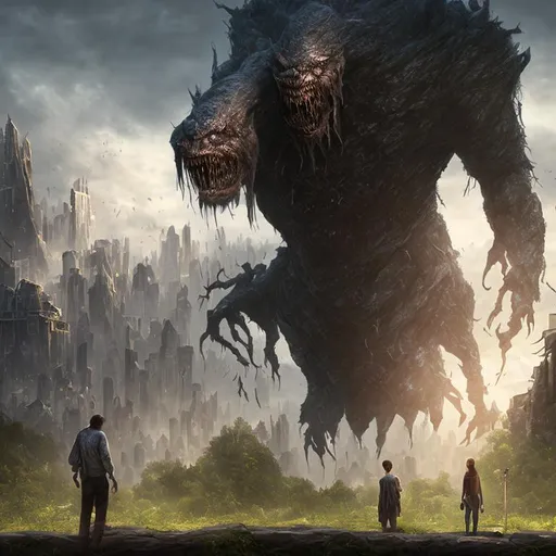 Prompt: character artwork, 8k, deviantart,  huge monster far away, looks insidious, hyper realistic, small buildings in background, other wordly, looking at horizon, no face