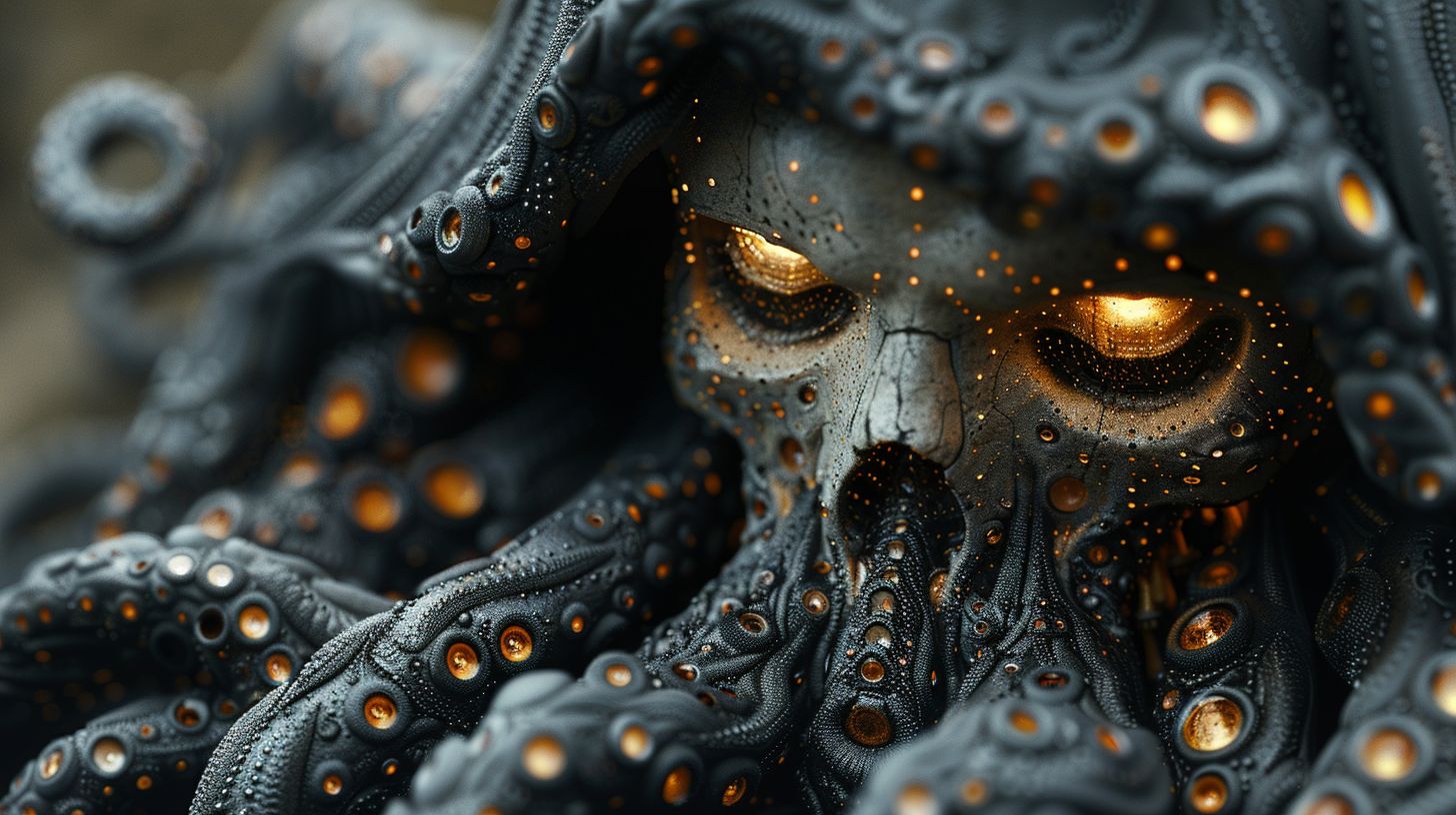 Prompt: abstract dark background, symmetrical composition, digital art style, a grim reaper face made of fractals and light effects in the eyes with glowing orange eye shine, hooded skull mask, detailed black tentacles surrounding it, dark fantasy vibe, black and white color scheme, high contrast lighting, high resolution, sharp focus, intricate details