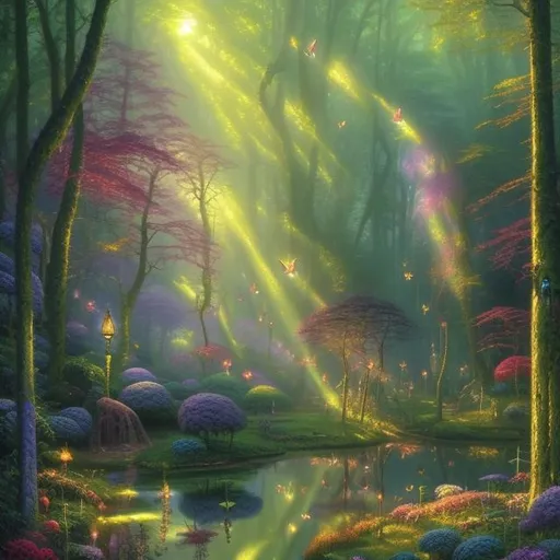 Prompt: mirror reflecting a mysterious fairy forest, lush green trees, deep green, peacock green, dark green, olive, fireflies, low lights, ethereal fantasy hyperdetailed mist Thomas Kinkade