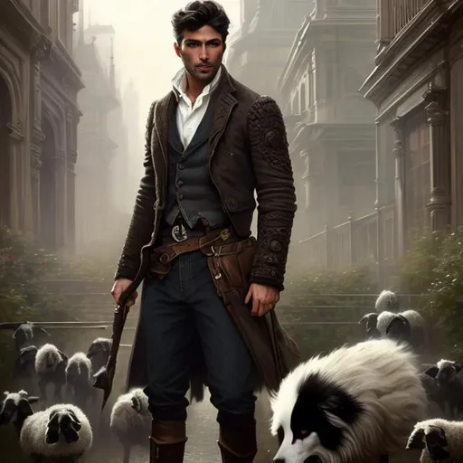 Prompt: Splash art portrait of ruggedly handsome, androgynous, dark brown haired man with short hair, 30 years old, herding sheep with a tricolor border collie, victorian light clothes, elegant, highly detailed, intricate, smooth, sharp focus, artstation, digital painting, concept art, art by greg rutkowski, alphonse mucha and John William Waterhouse, light, romantic, happy, soft, gentle, golden, warm, summer