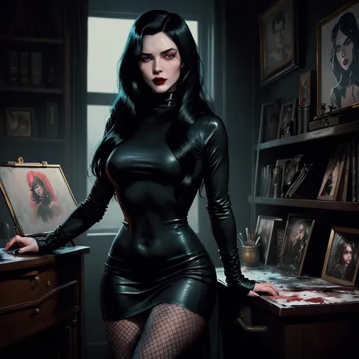 Prompt: "the femme fatale" (painting) by ((((style of Greg Rutkowski)))), digital painting, (gritty vintage noir),  alluring vampire-hunting woman with long black hair, blue eyes, and red lips, wearing a black (cotton) (high neck minidress), ((fishnet tights)), set in a warmly lit private detective's office