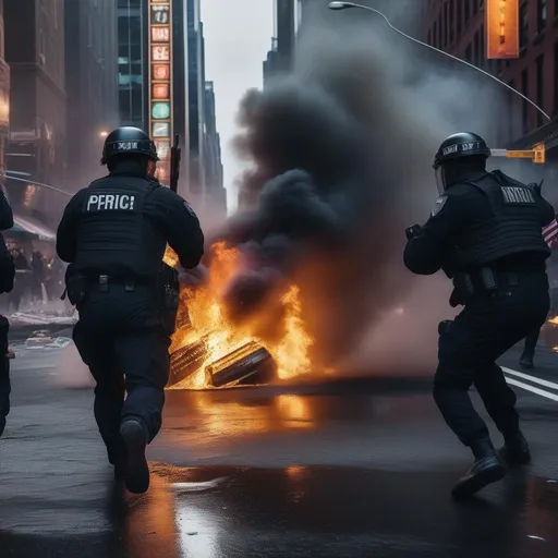 Prompt:  Riots in streets of New York, Hyperrealistic, sharp focus, Professional, UHD, HDR, 8K, Render, electronic, dramatic, vivid, pressure, stress, nervous vibe, loud, tension, traumatic, dark, cataclysmic, violent, fighting, Epic