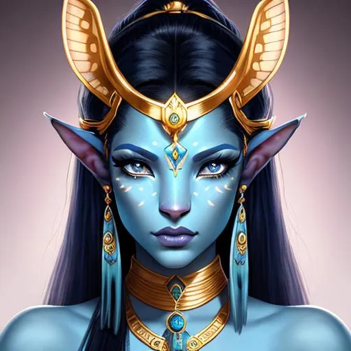 Prompt: Avatar Neytiri face. Avatar nose. beautiful woman. Gold jewellery. Night. {{Digital art}} {{Wlop Style}}