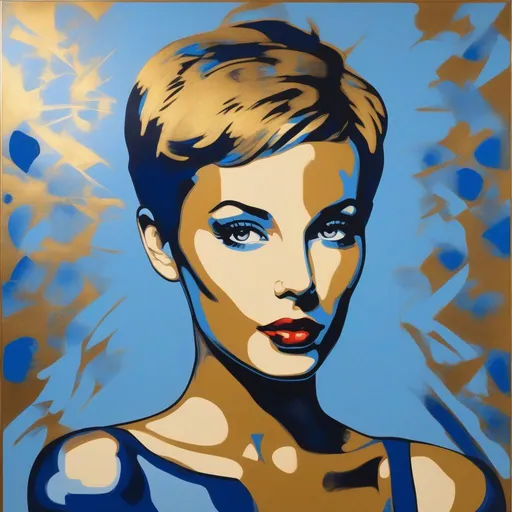Prompt: a painting of a handsome woman with short hair, a fine art painting, by Claes Oldenburg, no gradients, following special sheath plus reckoning plus helmbreaker on metallic blue and metallic gold, (style:pop art:1.6)