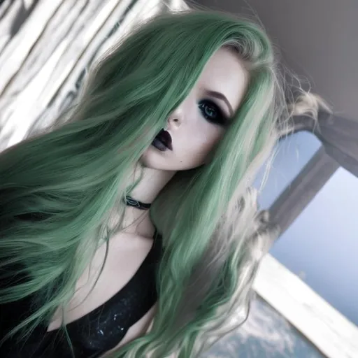 Prompt: Floor length hair, blonde, female, lake, water ,makeup, straight hair, wind, dress, dark makeup, dusk, unreal engine, gorgeous face, green eyes, full body, wind, black dress, black lipstick,  tattoos, eyeliner, full body, moon, legs, mature