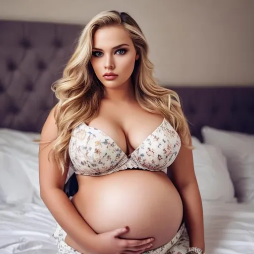 Prompt: model, blonde hair, huge belly showing, beautiful face, beautiful pose, on bed, huge belly