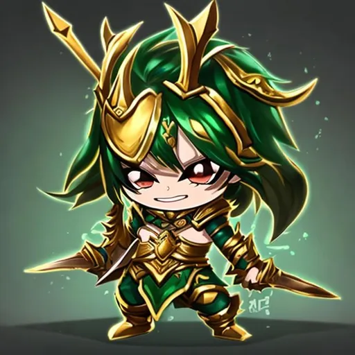 Prompt: Render a cute chibi Ares character in gold and green colors
