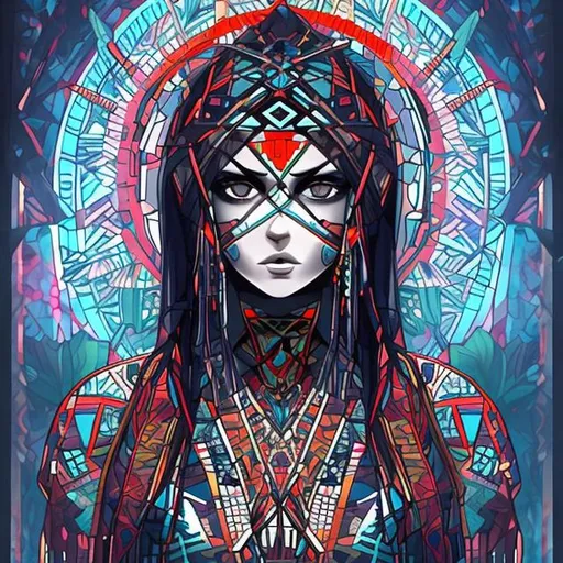 Prompt: strain glass aztec woman proportional high resolution anime nature