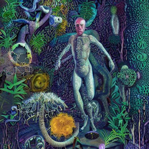 Prompt: C. M. Kosemen, all tomorrows, (species), (speculative evolution), man after man, Dougal Dixon, fungi, bacteria, plants, animals, protists, (organism)