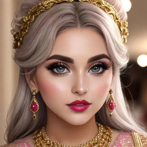 Prompt: big  eyes and carmine lips, silver and golden breaded silk, lips, pink cheeks