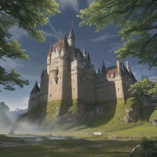 Prompt: An ancient castle with its black banners dancing in the wand its mossy stone walls high and strong with the surrounding forest old and thick with trees