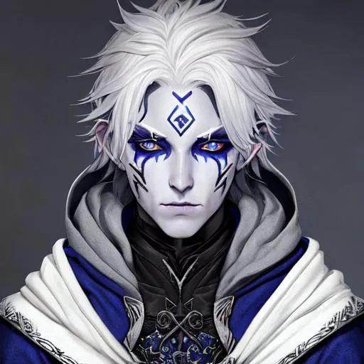 Prompt: Male Air Genasi Portrait with Ashen Skin, Silver Hair and sclera only eyes wearing a midnight blue hooded robe embroidered with silver holy runes