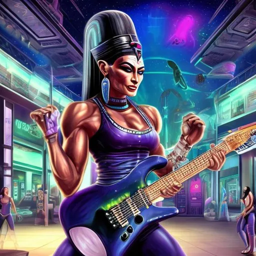 Prompt: Bodybuilding Nefertiti playing guitar for tips in a busy alien mall, widescreen, infinity vanishing point, galaxy background