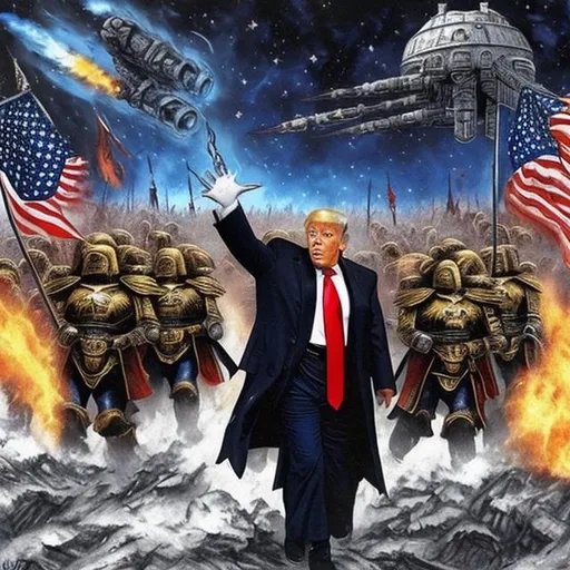Prompt: donald trump is the emperor of mankind leading his space marines in battle