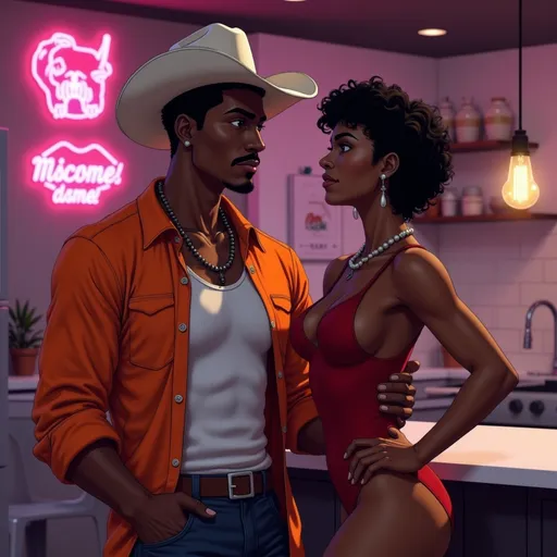 Prompt: Low-lit, modern kitchen with neon underlighting. @TRzJfEbYXKjmZAhFV8fB  leans against the counter, shirt open, expression serious. A sultry Hispanic woman with caramel skin, a short curly bob, and a tight crimson bodysuit steps up close, placing his hand on her waist. She whispers something, lips almost touching his neck. He closes his eyes briefly, tempted—but then gently pulls her hands off him. Her face shifts to desperate, trying to hold onto the moment. Duke walks away slowly, grabbing his jacket from a chair. Mission first. Always.