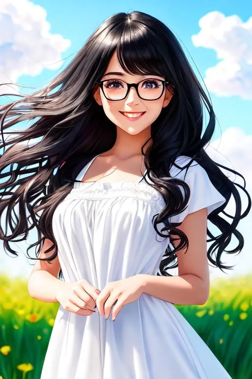 Anime girl, long messy brown hair, all black clothes, cute