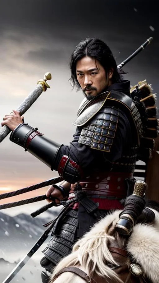 Prompt: Young Hiroyuki Sanada as a Samurai Photorealistic Overdetailed Portrait, Well Detailed face, Black and Dark grey Robes and Armor, Black hair, Detailed Hands, Detailed Twilight Background, Intricately Detailed, Award Winning, Photograph, Film Quality, (No Red Colors)
