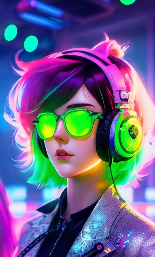 Prompt: Cyberpunk Background with Neon Lights Scattered in Bokeh, a beautiful girl, has neon green sunglasses and a futuristic stylized headphones , neon ombre colorful silky hair with a vaporous daring haircut. art by stanley artgerm,  artstation fang xinyu,  huang guangjian and gil elvgren and sachin teng, Evan Lee, pilyeon, Zeronis, Viktoria Gavrilenko. Charming and Appealing characters. Cyberpunk themed attires.  stylized lens Flares. Black Overall Cuberpunk suit. UHD, hd , 8k, hyper realism, Very detailed, Cyberpunk Cybernetics enhanced zoomed out view of character, full character visible, Post Modern 