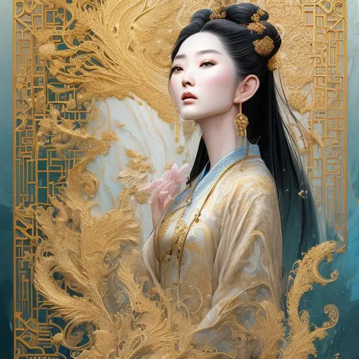 Prompt: The beautiful Chinese princess, 18 years old, looks as beautiful and elegant as a Xi Shi, a classical Chinese woman, elegant and luxurious, with exquisite artistic gold filigree paper marble pattern! Oil splash! ! Grease! ! ", Intricate ultra-detailed fluid gouache illustrations, by Android Jones: Ismail Inceoglu and Jean Baptiste mongue: James Jean: Erin Hanson: Dan Mumford: Professional photography, natural light, volumetric light Minimalist photo illustrations 8k resolution concept art, intricate, complex, elegant, expansive, dreamy
Removed From Image