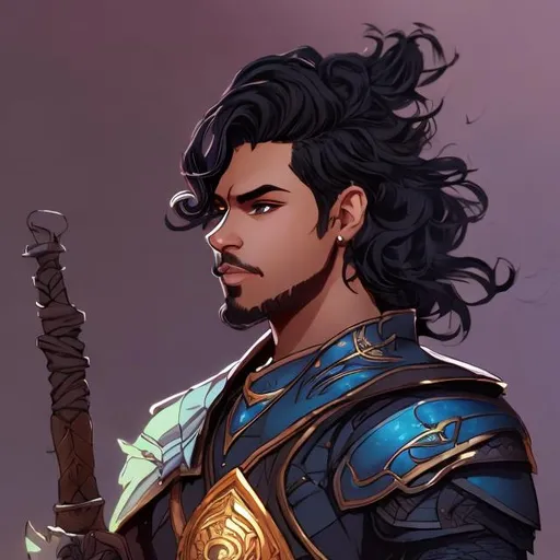 Prompt: fantasy,character design,male,dark-skinned,short hair on sides,longer hair on top,wavy hair,black hair,neatly-trimmed beard,necromancer,black armor,black clothes,40-year-old