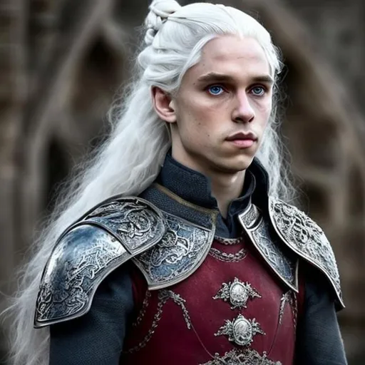 Prompt: Targaryen prince, pale skin, silver, platinum, or gold hair and eyes or light blue, strikingly beautiful, dark red medieval royal clothes