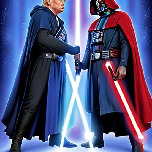 Prompt: star wars movie poster: Donald Trump the master jedi has blue a blue lightsaber and a red cloak. He is fighting Barak Obama who has a red lightsaber and wearing a dark cloak