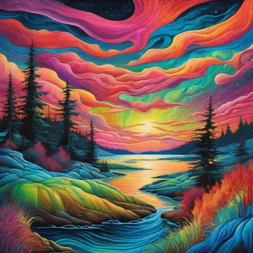 Prompt: landscape with northern lights, surrealistic painting, vibrant colors.
