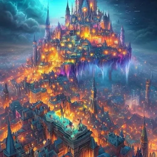 Prompt: The city of the dream realm fantasy realistic breath taking amazing beautiful colourful crowded with a lot of people 