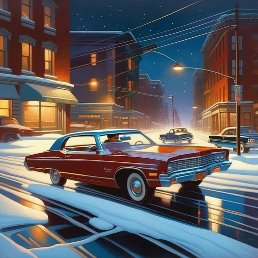 Prompt: Driver Parallel Lines, car chase, New York, cartoony, cold night atmosphere, extremely detailed painting by Greg Rutkowski and by Henry Justice Ford and by Steve Henderson