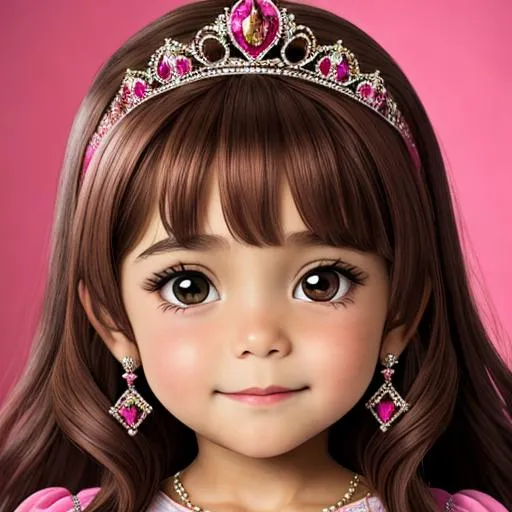 Prompt: A 5 year old princess wearing pink, brown hair,  tiara with rubies, facial closeup