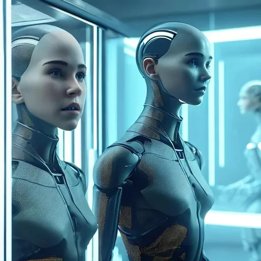 Prompt: Visualize an evocative scene that captures the essence of the film "Ex Machina" and its thought-provoking themes. A dimly lit room within the futuristic mansion stands as the backdrop, with a glass wall revealing the breathtaking landscape beyond. In the foreground, Ava, the humanoid AI, stands gracefully, her features both human-like and distinctly artificial. Her enigmatic gaze hints at the depth of her intelligence and emotions, embodying the blurred line between machine and humanity. This poignant image encapsulates the film's exploration of the "ex machina" concept, inviting viewers to contemplate the profound implications of artificial intelligence on human nature and ethics.