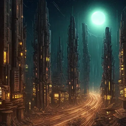 Prompt: huge wooden alien city at night busy city dim lights 