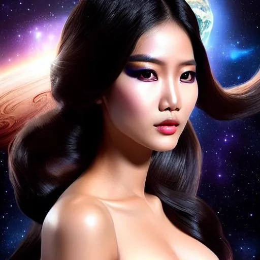 Prompt: gorgeous, stunning body, thailand female model in space, she has planets around her and in her hair, dramatic lighting coming from the planets, aesthetic, inspiring, creative, hyperdetailed, rim lighting, ultra realistic, Huge cleavage, athletic body, Highly detailed photo realistic digital artwork. High definition. Face by Tom Bagshaw and art by Sakimichan, Android Jones" and tom bagshaw, BiggalsOctane render, volumetric lighting, shadow effect, insanely detailed and intricate, photorealistic, highly detailed, artstation by WLOP, by artgerm