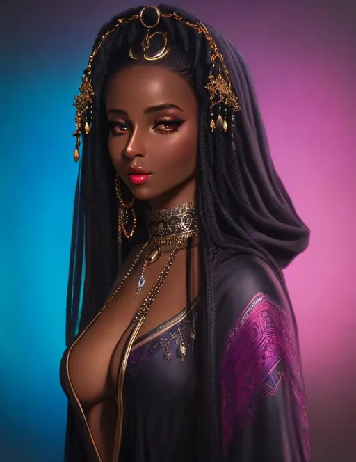 Prompt: UHD, 8k, high quality, ultra quality, cinematic lighting, special effects, hyper realism, hyper realistic, Very detailed, high detailed face, high detailed eyes, oil painting, fantasy, medieval, woman, black skin, gorgeous, cute, young, thick girl, robes