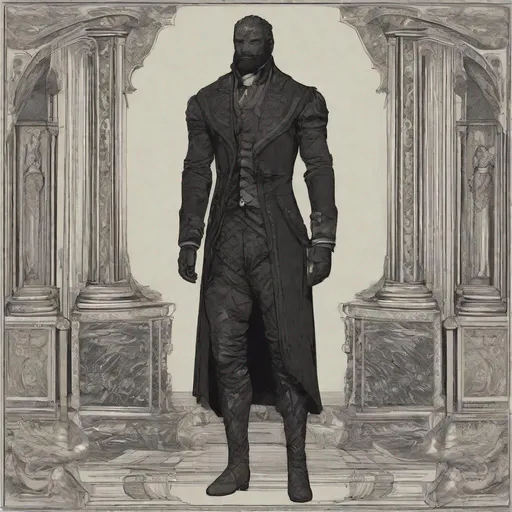 Prompt: Pre-Victorian age fantasy setting commoner suit, large muscular male type body, {{{{{{{Gelatinous Body}}}}}}}, Full Body Vantablack Skin, Vantablack Slime Body, {{{no facial features}}}, {no face},{{{{no eyes}}}}, fantasy setting, sketch, drawing, unhinged, creepy, living shadow, curly hair, no hat
