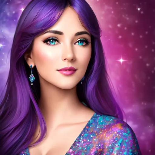 Prompt: A portrait of a woman, colors of aqua blue and purple, cosmic background