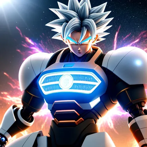 Prompt: Robot Ultra instinct goku, Highly Detailed, Hyperrealistic, sharp focus, Professional, UHD, HDR, 8K, Render, HD, Trending on ArtStation, bokeh, outdoor, space, Dragonball, close up, evil, AI, Artificial Intelligence, Mecha,