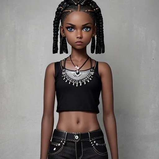 Prompt: punk, insanely beautiful 12 year old girl. beautiful box braids.  wearing a black top and black jeans. perfect grey eyes. perfect anatomy. symmetrically perfect face. hyper realistic. soft colours. no extra limbs or hands or fingers or legs or arms. full body view. dark skin.