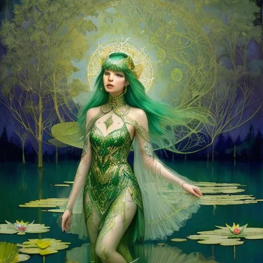Prompt: Ethereal Mysterious mythical Lady, art by Martine Johanna, William Oxer, Susan Seddon Boulet, Michael Hussar, Hans Makart, caia Koopman, Daniel Merriam, maxfield parrish. Background by Bill Jacklin, beautiful face, delicate green and gold lace Gilded dress, illuminated by Moonlight, inlay water lilies intertwined with her hair, art deco, shimmer, glow, upper body shoot, green tones