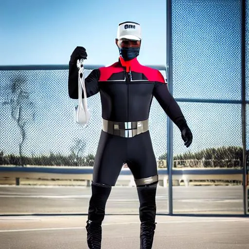 Prompt: Hyperrealistic photo of s futuristic mailman, with digital visors, with mesh gloves, red breathable form fitting uniform, floating utility belt, synthetic grey boots, with a black canvas bag, with digital gloves. 