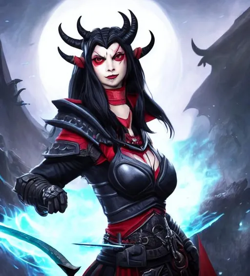 Prompt: Full Portrait of Female Tiefling with Black hair and with cute face Devil horns on top of head Dark Black Skin humanoid body with Devil tail, Armored Mage, Fantasy background, perfect composition, hyperrealistic, super detailed, 8k, high quality, trending art, trending on artstation, sharp focus, studio photo, intricate details, highly detailed, by greg rutkowski