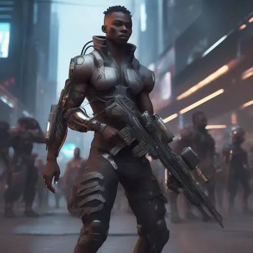Prompt: African cyberpunk futuristic cyborg battle city full body 
