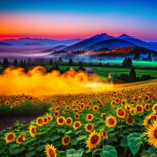 Prompt: (8k, 3D, UHD, highly detailed, hyper-detailed, best quality:1.2), A watercolor painting/oil painting. Beautiful space, wildly exaggerated vivid colors, A spooky pumpkin in a pumpkin patch, field of sunflowers, during a golden sunrise over a green field on a misty morning. 
mountain in the background. (Good Light Effect) (sharp detailed) (cinematic shot). by Nintendo, by Studio Ghibli.