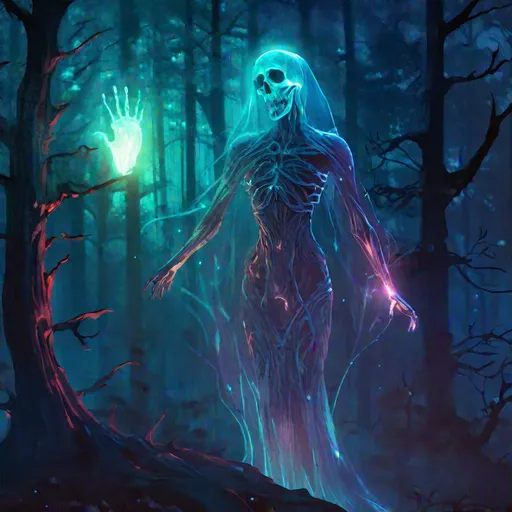 Prompt: A fantasy translucent floating Banshee that is glowing, in a haunted forest surrounded by bloody death, beneath the stars, bioluminescent, highres, best quality, concept art