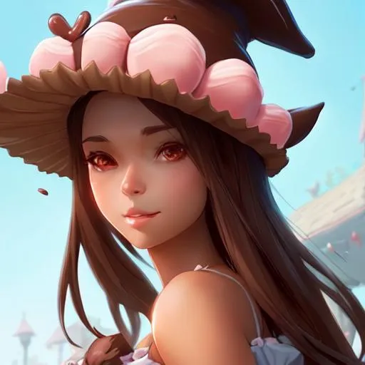 Prompt: personification of chocolate cupcake, cute hats, gorgeous female,, unreal engine, highly detailed, digital illustration by artgerm, tooth wu, studio ghibli, deviantart, sharp focus, artstation, bakery by greg rutkowsky, sweetes