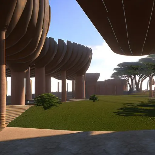 Prompt:  university, inspired by stanford university with elements of African architecture inspiration, volumetric natural light, ultra realistic, vray, far view, perspective landscape