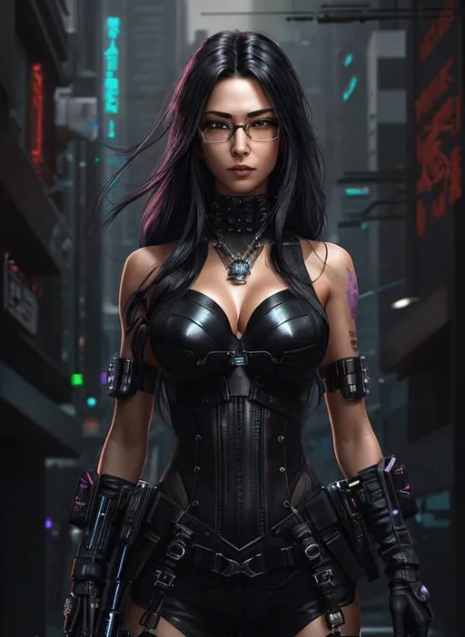 Prompt: cyberpunk assassin with bladed arms, (high quality)+, (high texture)+, (ultra detailed)+, (detailed background)++, (perfect anatomy)+, (proper finger structure)+, (quality artwork)+, (mature woman)++, solo, detailed face, black hair, long hair, shiny hair, detailed hair, iridescent eyes, detailed eyes, glasses with brass trim++, (leather gloves)++, detailed accessories, detailed body)++, shiny skin, (fair skin)+, detailed skin, (frozen)++, road++, nightfall background++, (metal streetlights)++, (full body)+++, (sepia tones)++, (from ahead)++