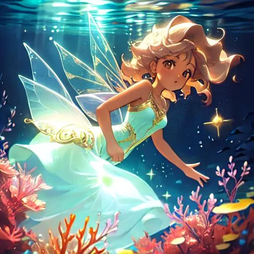 Prompt: pretry fairy, in a highly detailed ornate dress, sparkles, brown skin, underwater, light hair